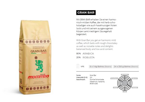 6x Caffe Gran Bar Gold ganze Bohnen 1Kg/Mocambo